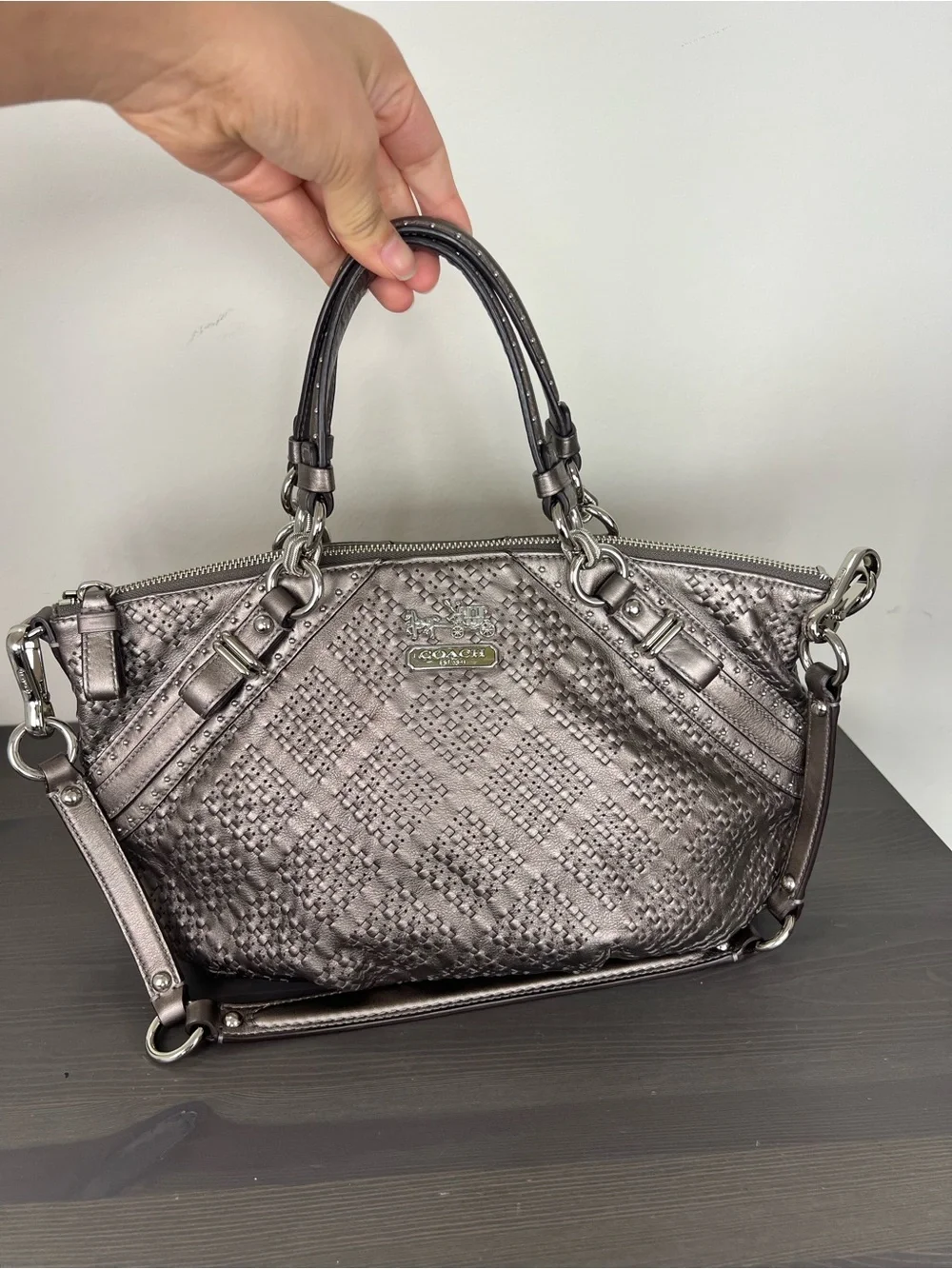 Coach Madison Sophia Pewter Woven Leather Satchel Gun Metal Bag